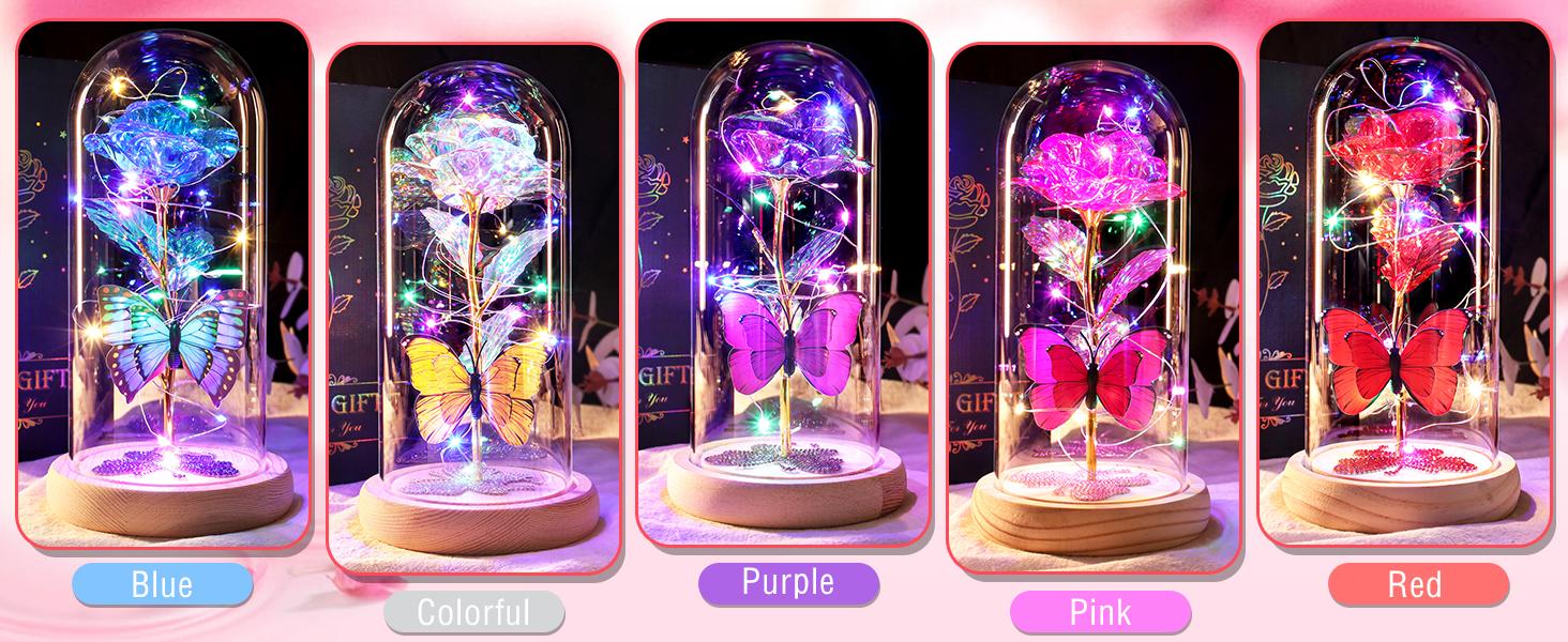 DEEMEI Birthday Gifts for Women Eternal Flower Light Up Galaxy Rose in Glass Dome with Butterfly Valentines Day Gifts for Her Mom Girlfriend Daughter