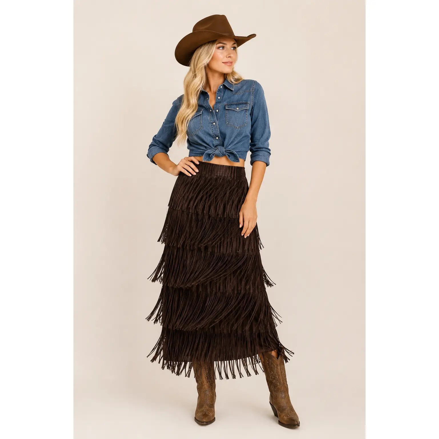 Layered Fringe Tiered Brown Maxi Skirt