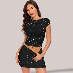 Micro Mini Polka Dot Women's 2 Piece Outfits, Cap Sleeve Boat Neck Top & Skort, Vacation Outfits SwimWeek summervibes