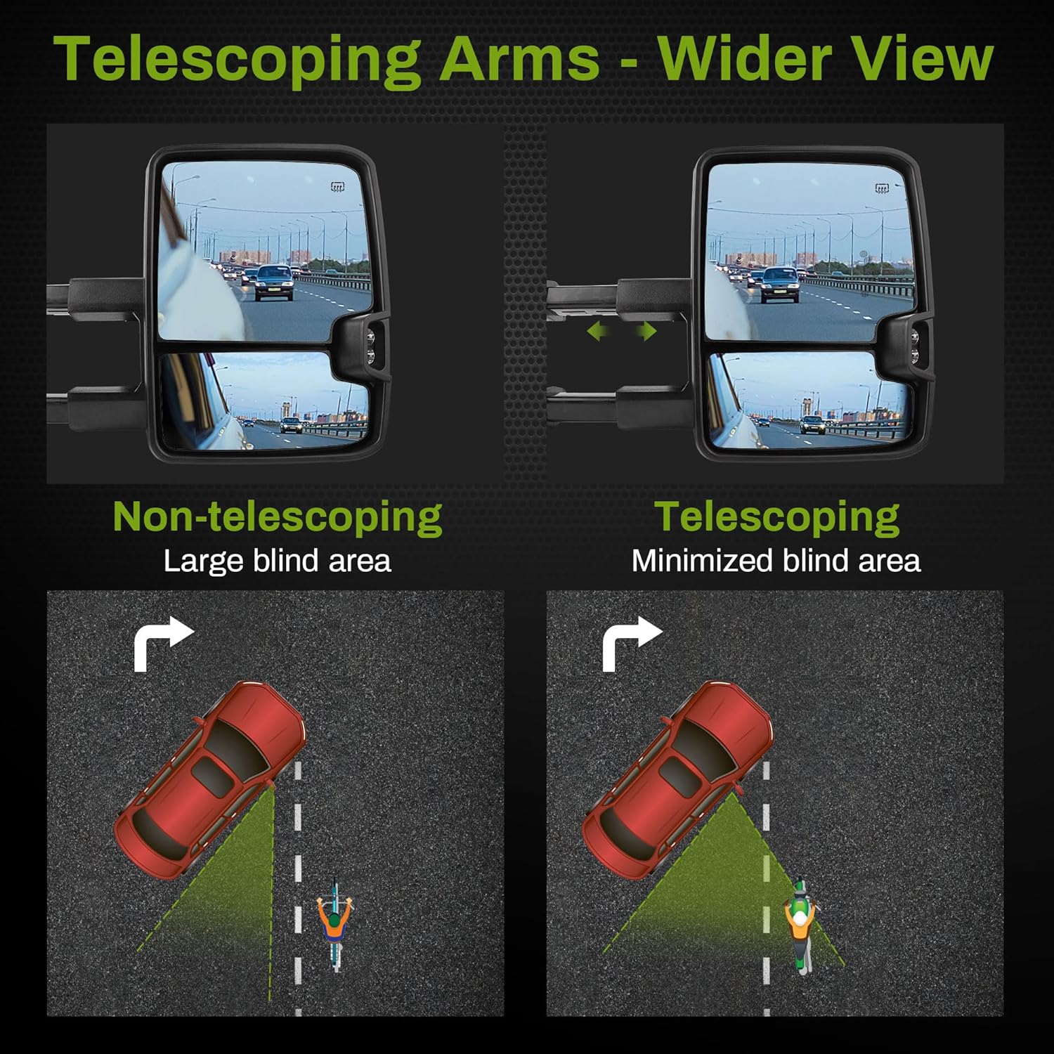 YITAMOTOR Towing Mirrors Compatible with 2007-2013 Chevy Silverado GMC Sierra 1500 2500HD 3500HD Extendable Power Heated Amber LED Turn Signal Manual Telescoping Folding Black Housing