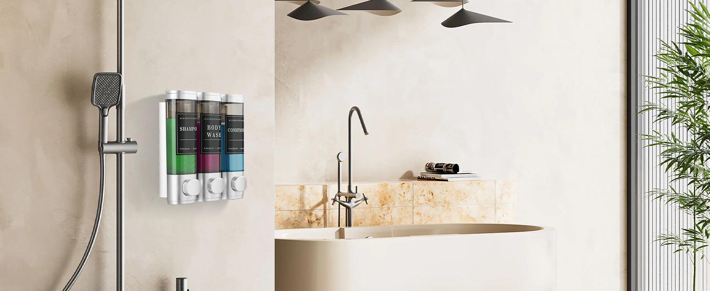 Shampoo and Conditioner Dispenser,Shower Dispenser 3 Chamber No Drill Wall-Mounted Shampoo Dispenser for Shower Wall Mounted Shower Soap Dispenser for Bathroom Hotel Large Capacity,Light Silver