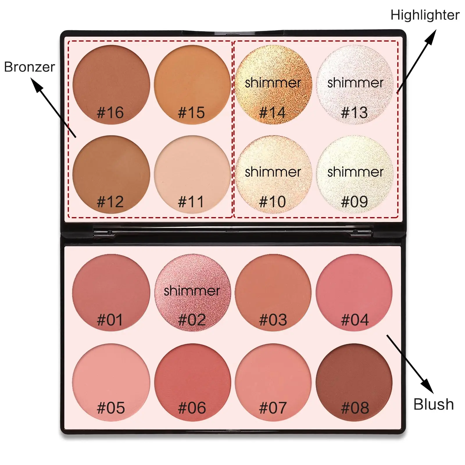 16-Color All-in-1 Contour Palette with Blush, Highlighter & Bronzer, Smooth Pressed Powder for a Long-Lasting, Flawless Natural Glow, Lightweight Makeup Kit for All Skin Types