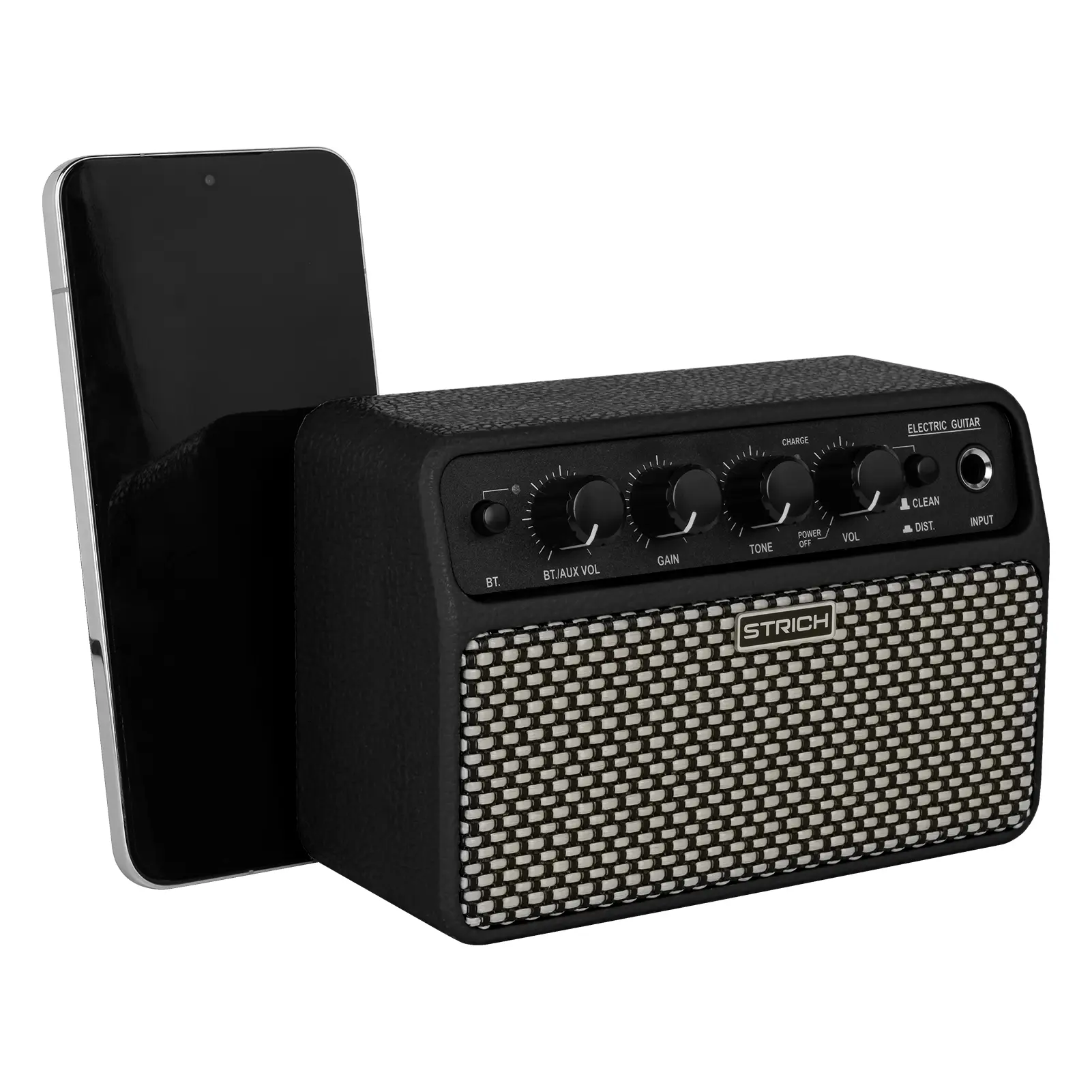 STRICH DSP Mini Rechargeable Tabletop Electric Guitar Practice Amplifier, 2*5W Dual-Speaker, Clean/Distortion, 3-4H Battery, 3.5mm Headphone Jack, 30° Inclined Control Panel, Easy to Carry, Black Faux Leather