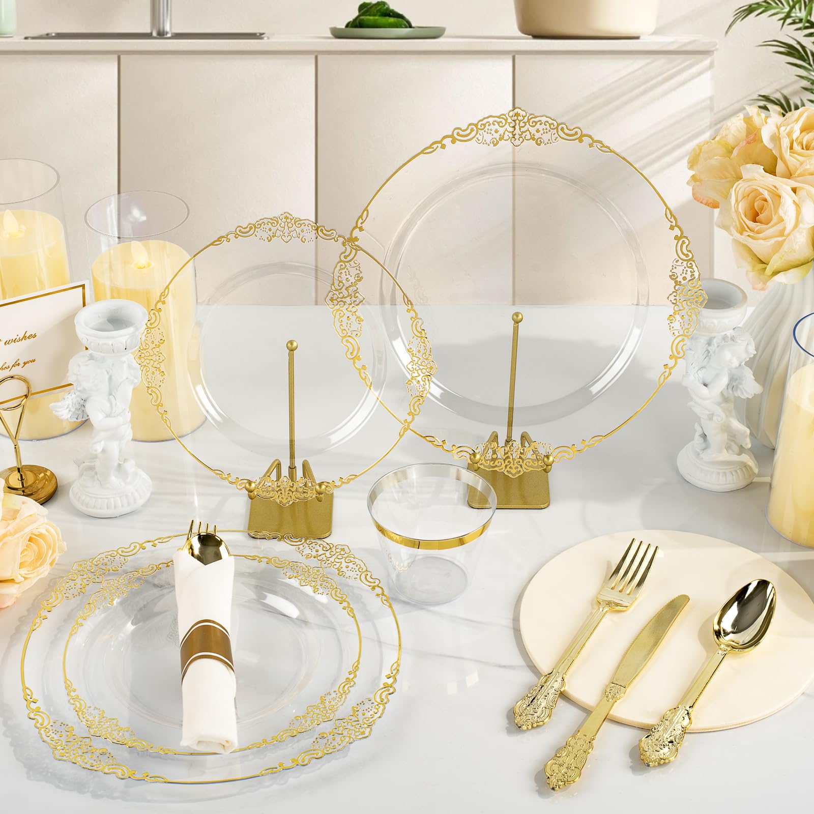 GOODLUCK 350 Piece Clear Gold Plastic Dinnerware Set for 50 Guests Includes 50 Plates 50 Dessert Plates 150 Silverware 50 Napkins 50 Cups Perfect for Party Wedding Elegant Design BPA-Free Food-Grade Plastic