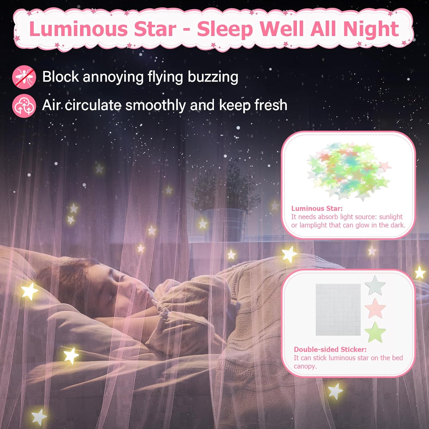 Twin Bed Canopy with Lights, Bed Canopy for Girls Princess with Luminous Stars, Canopy Bed Curtains for Twin Bed Kids Adult Indoor Decor Bedroom, 4 Corner Post Bed Canopy for Student Dormitory, Pink