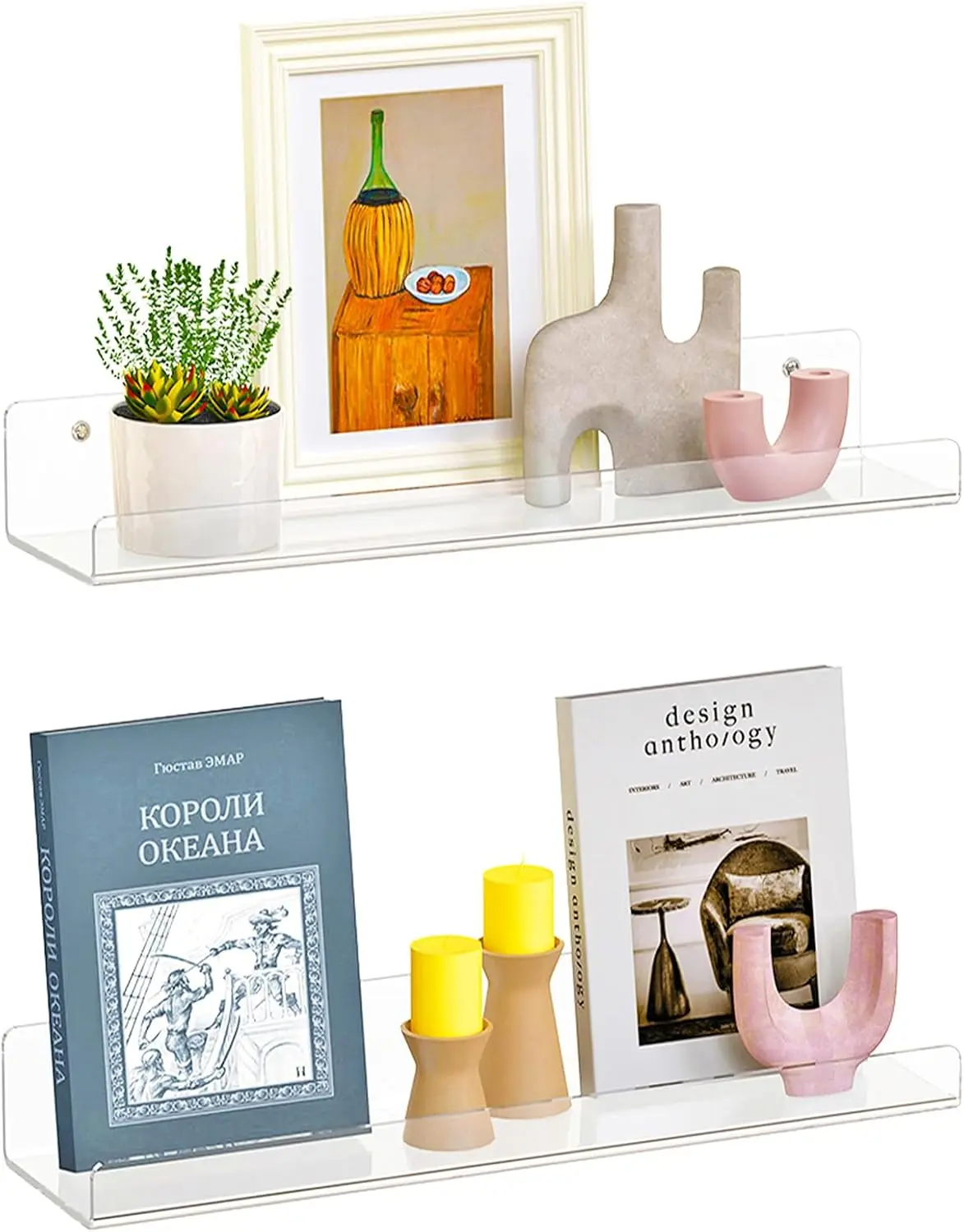 2 Pack Floating Shelves for Wall, 15" Clear Floating Wall Shelf | Acrylic Book Shelf, Display Shelves Organizer for Bathroom, Classroom, Bedroom, Living Room, Kitchen, Room Decor