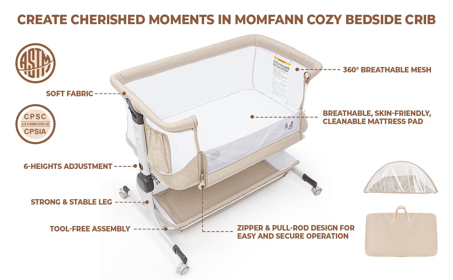 Momfann Baby Bassinet Bedside Sleeper, Upgraded Stability Bedside Crib with Full Mesh Sides, Soft Sheet, 6-Height Adjustment, Storage Basket, Easy Folding Portable Bassinet for Newborns, Oatmeal