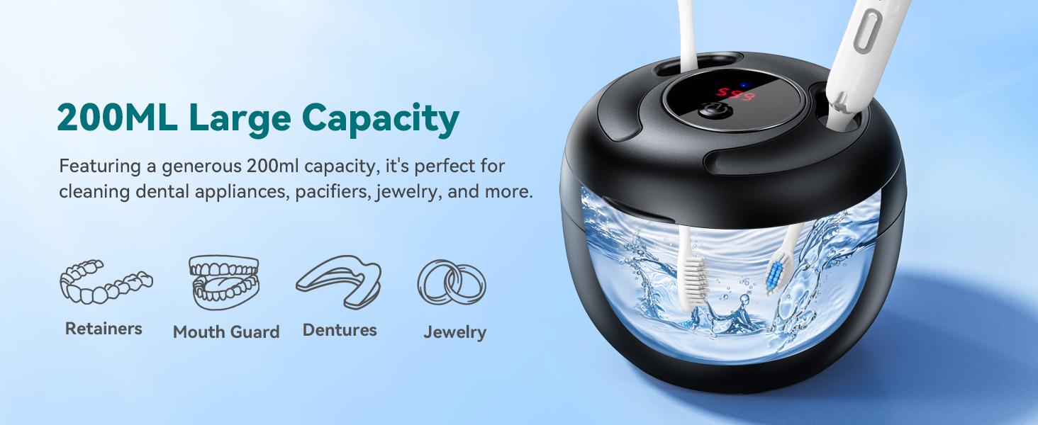 Dental Ultrasonic Retainer Cleaner Machine - 45kHz Dental Cleaning Pod with 304 Stainless Steel Tank, UVA & UVC, Digital Timer & 200ML Capacity for Braces, Mouth Guards, Dentures, Aligners,  Night Guards, Toothbrush Heads, Jewelry, Home and Travel Use