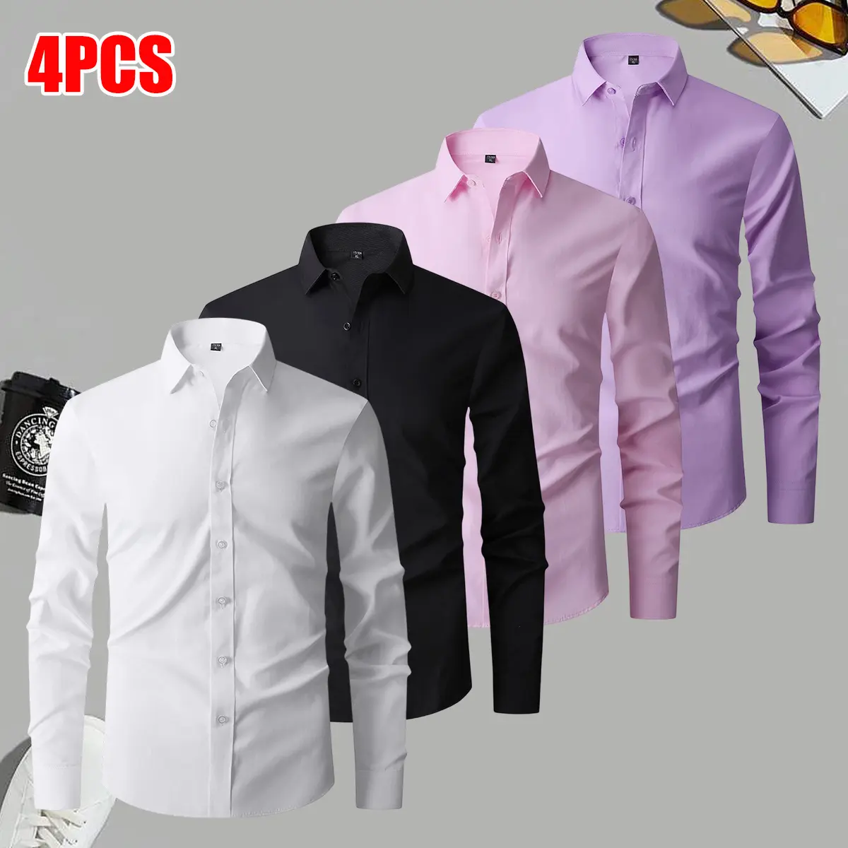 Pack of 4 men’s business casual shirts, simple solid color long-sleeve button-up top with a classic lapel collar, regular fit, suitable for office or everyday casual wear; men’s clothing, men’s tops