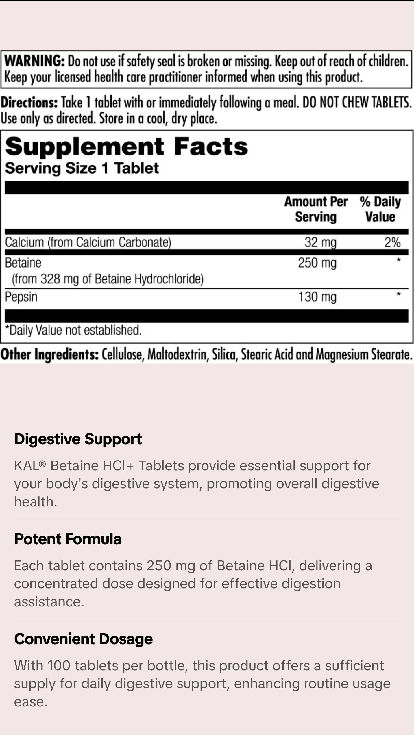 Betaine HCl+ Tablets 250 mg - 100ct