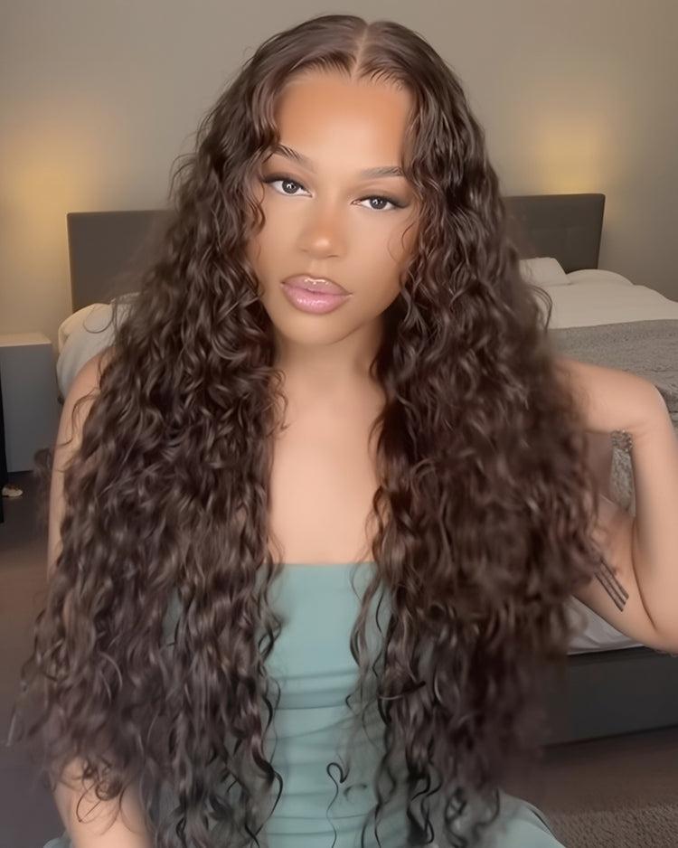 Arabella Chocolate Brown Water Wave 4# 13x6 Glueless Lace Front Wig with Drawstring Human Hair Ear to Ear Beginner Friendly Affordable Wig