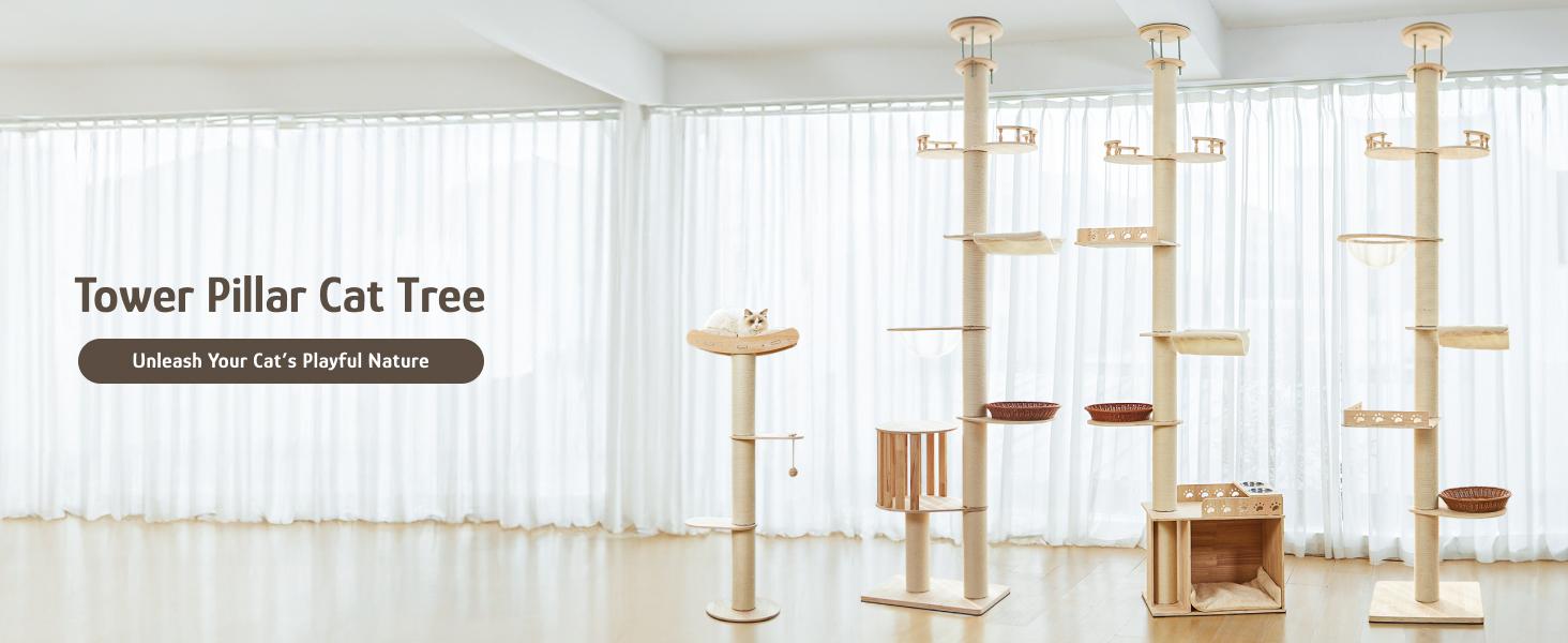 Adjustable Height Cat Tree Tower (102-118 inches ) 5-Tier Hemp Scratching Post Indoor/Outdoor Sturdy Cat Activity Center with Perches