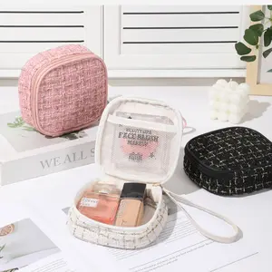 Discreet and Chic  Korean Style Small Portable Cosmetic Bag: Mini Travel Makeup Pouch with Mesh Organizer Extended Handle Fragrance-Inspired Tweed Storage Bag for Pads Daily Essentials