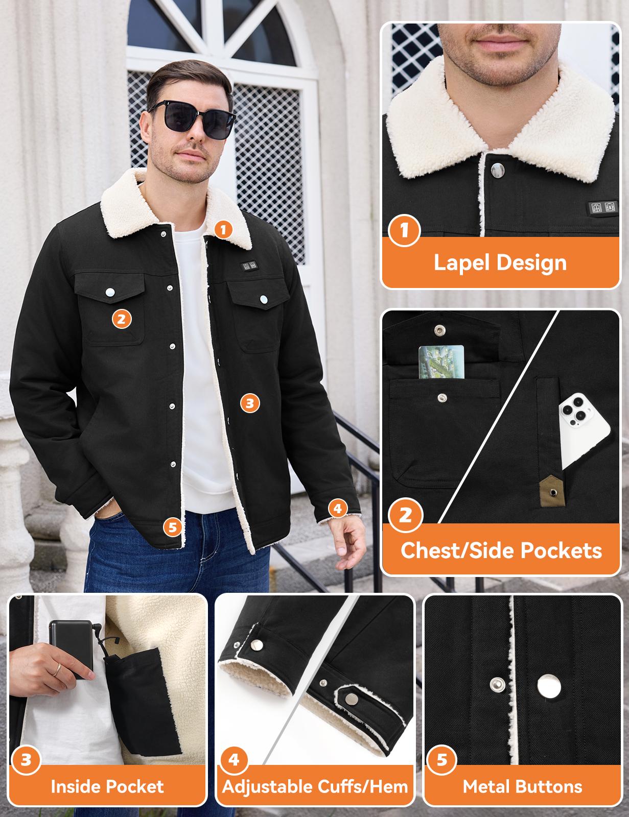 UMIPUBO Men's Heated Fleece Jacket with 5 Heat Zones, Sherpa Lining, Snap Closure, Warm Winter Outdoor Coat