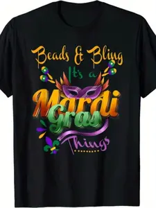 100% Cotton Men'S Women'S Mardi Gras T-Shirt - Beads Bling It'S A Mardi Gras Thing Graphic Tee with Fleur-de-Lis Bead Design, Vibrant Green, Purple, Golden Colors, Comfortable Casual Short Sleeve Round Neck for Carnival Parties