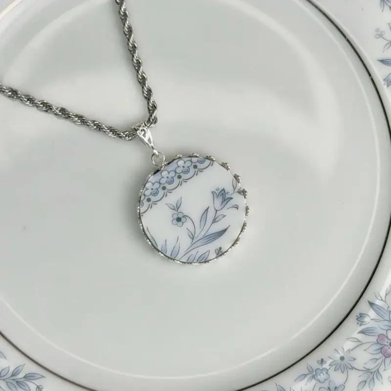 Vintage China Round Necklace | Floral Silver Crown Bezel Pendant 25mm