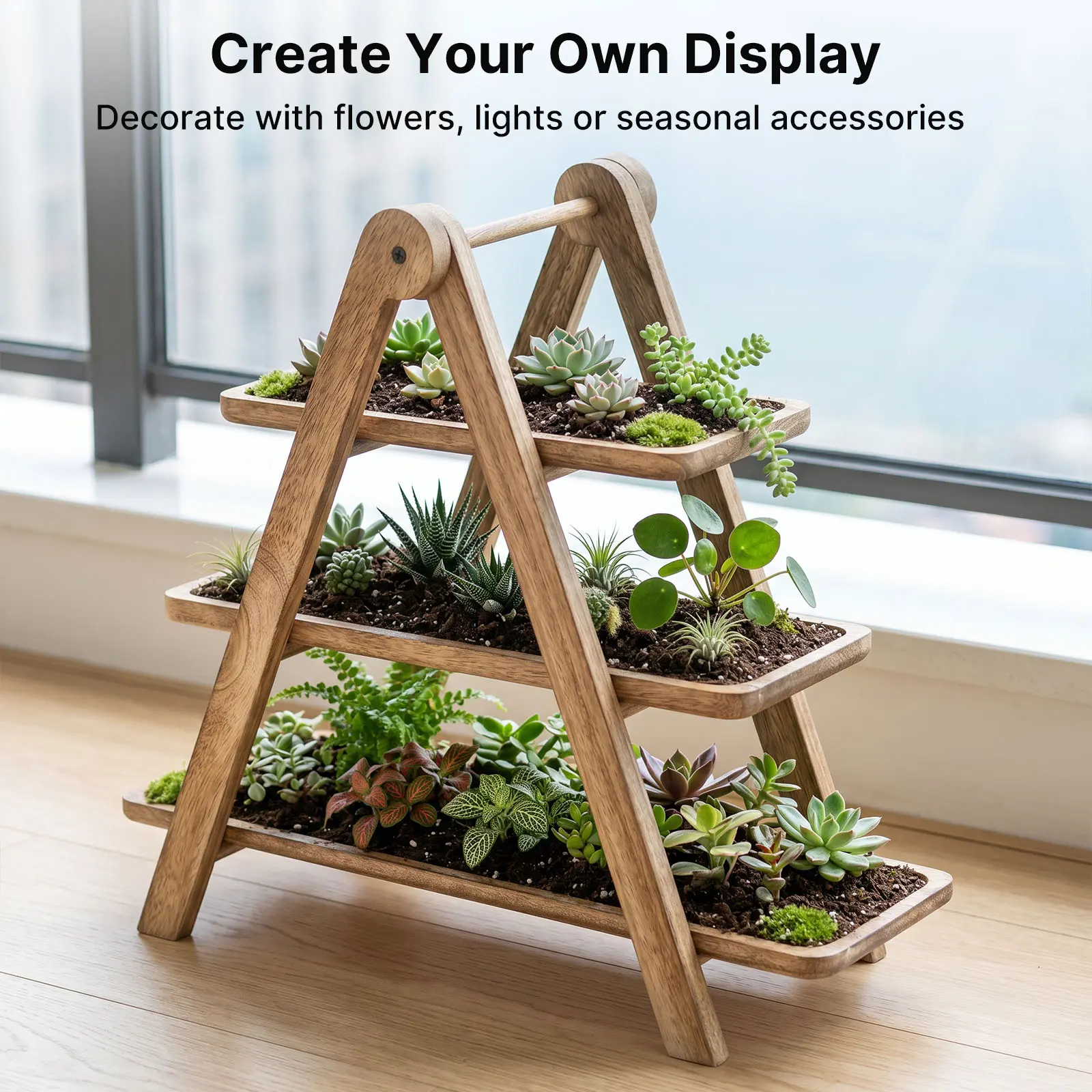 LOVEWE 3-Tier Wooden Serving Platter - Farmhouse Rectangular Decorative Tabletop Organiser, Lightweight Sturdy Smooth Tray for Party Display, Kitchen Counter Use