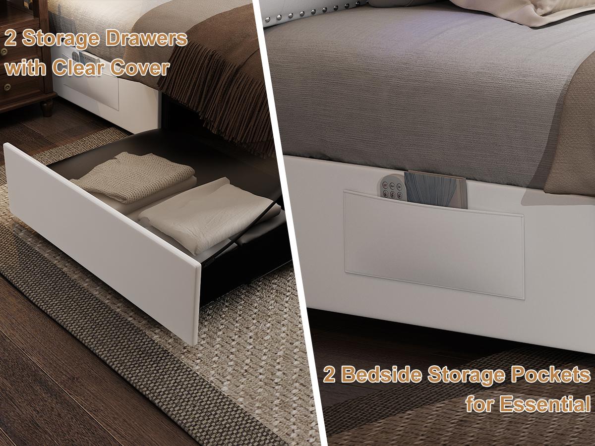 Queen LED Bed Frame with 2 Storage Drawers, Smart Adjustable Crystal Tufted Headboard, No Box Spring Needed, PU Leather & Velvet