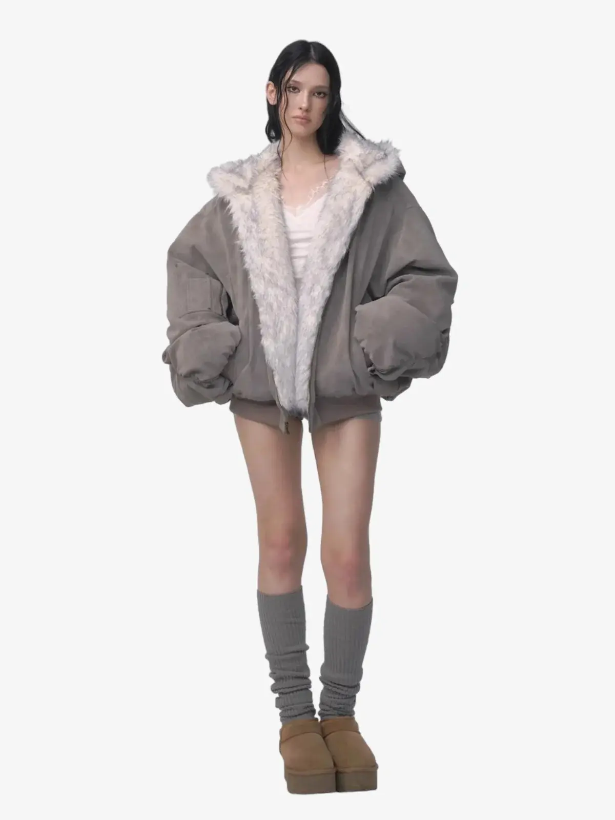 Thesupermade Oversized Reversible Fur Hooded Jacket | Two-Way Faux Fur Ribbed Cuff Winter Streetwear Coat Men Women