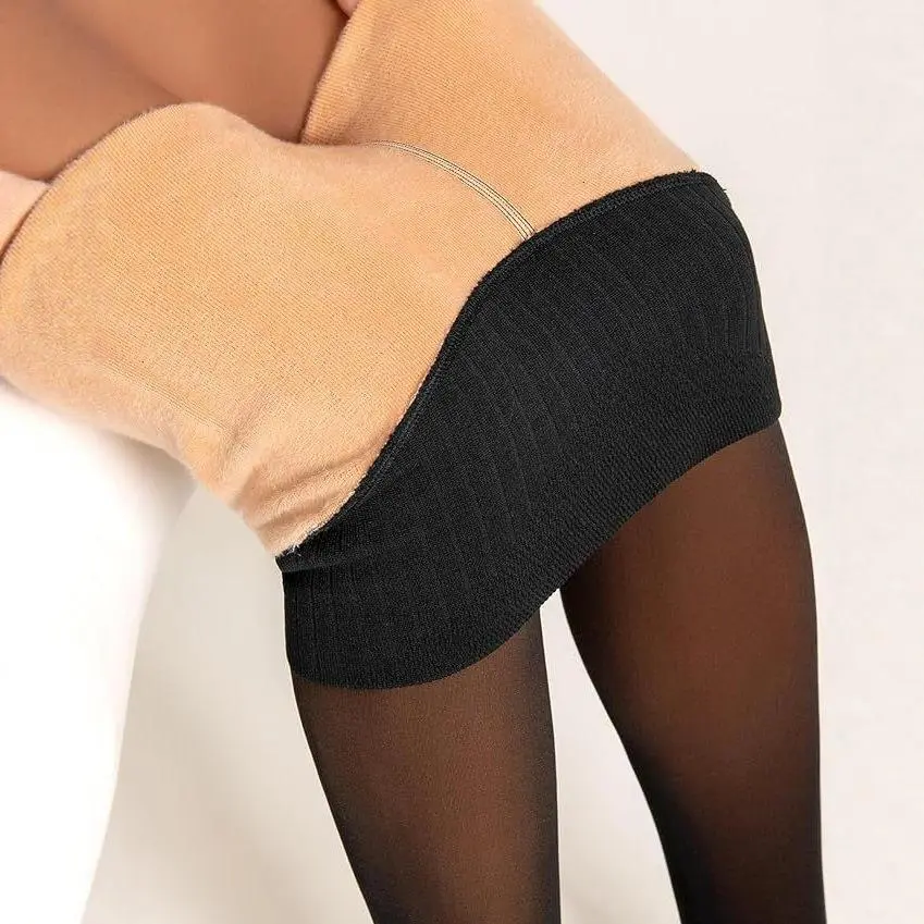 Women's Minimalist Basic Polyester Thermal Pantyhose - Fake Sheer Look, Fleece-Lined, Slimming Fit, Celebrity-Inspired Winter Insulating Casual Tights