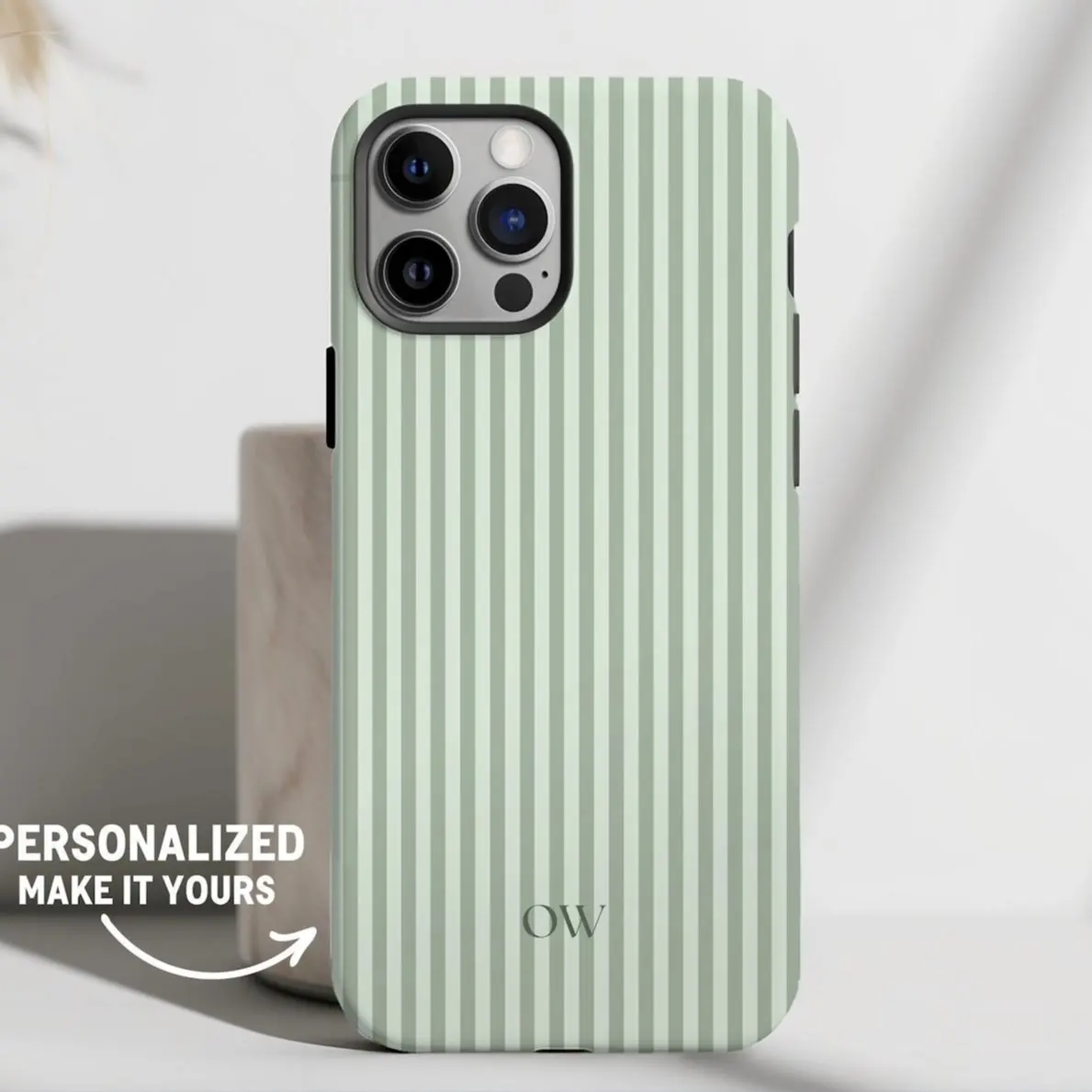 Personalized Sage Green Phone Case Custom Monogram Phone Case Aesthetic Striped Phonecase Summer Coastal Phone Case Preppy Phonecase Beachy