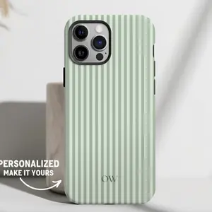 Personalized Sage Green Phone Case Custom Monogram Phone Case Aesthetic Striped Phonecase Summer Coastal Phone Case Preppy Phonecase Beachy