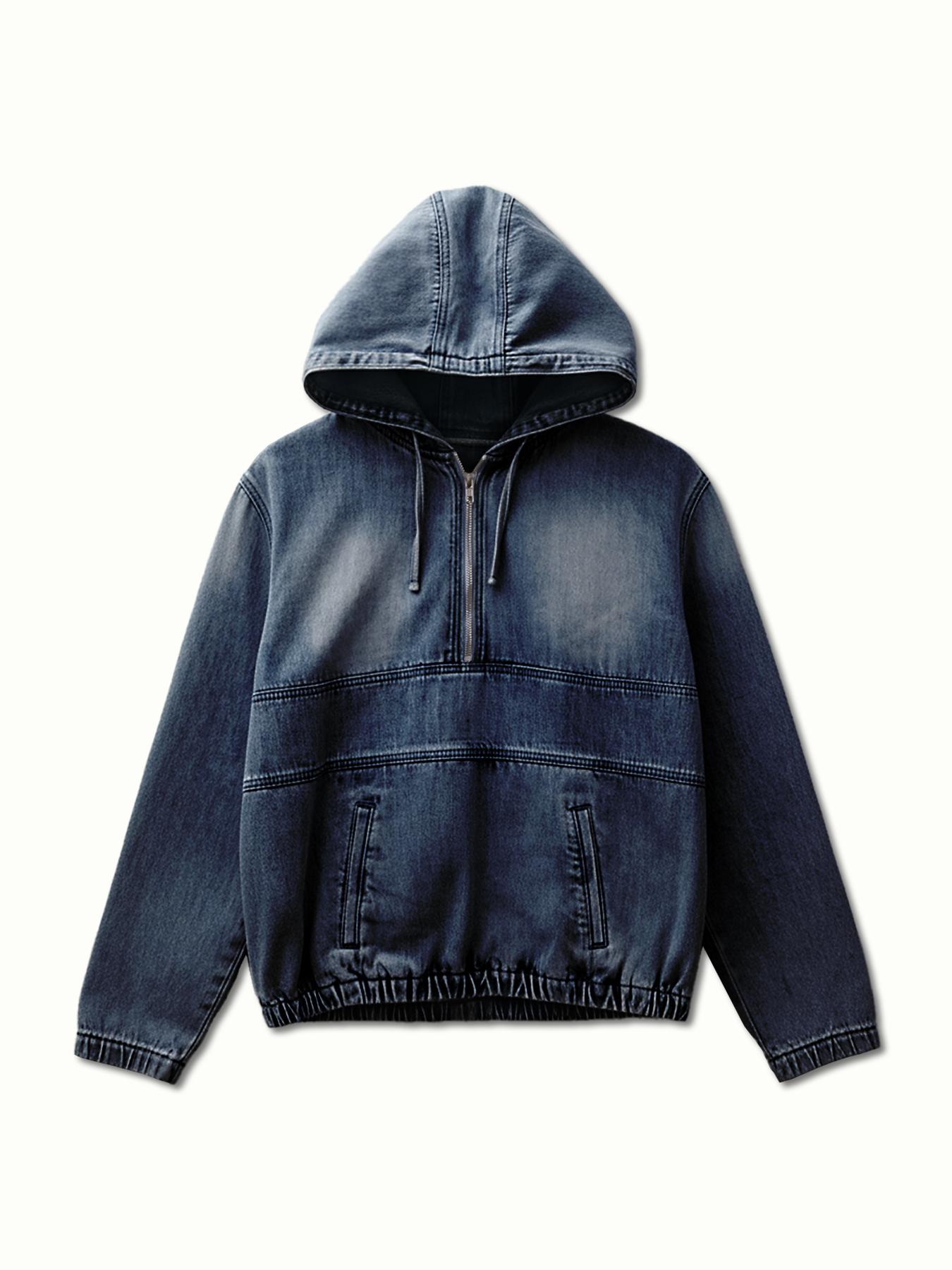 USBoutique Chic [S-5XL] Women's Half Zip Denim Hoodie Pullover Jacket Jean Tops Casual