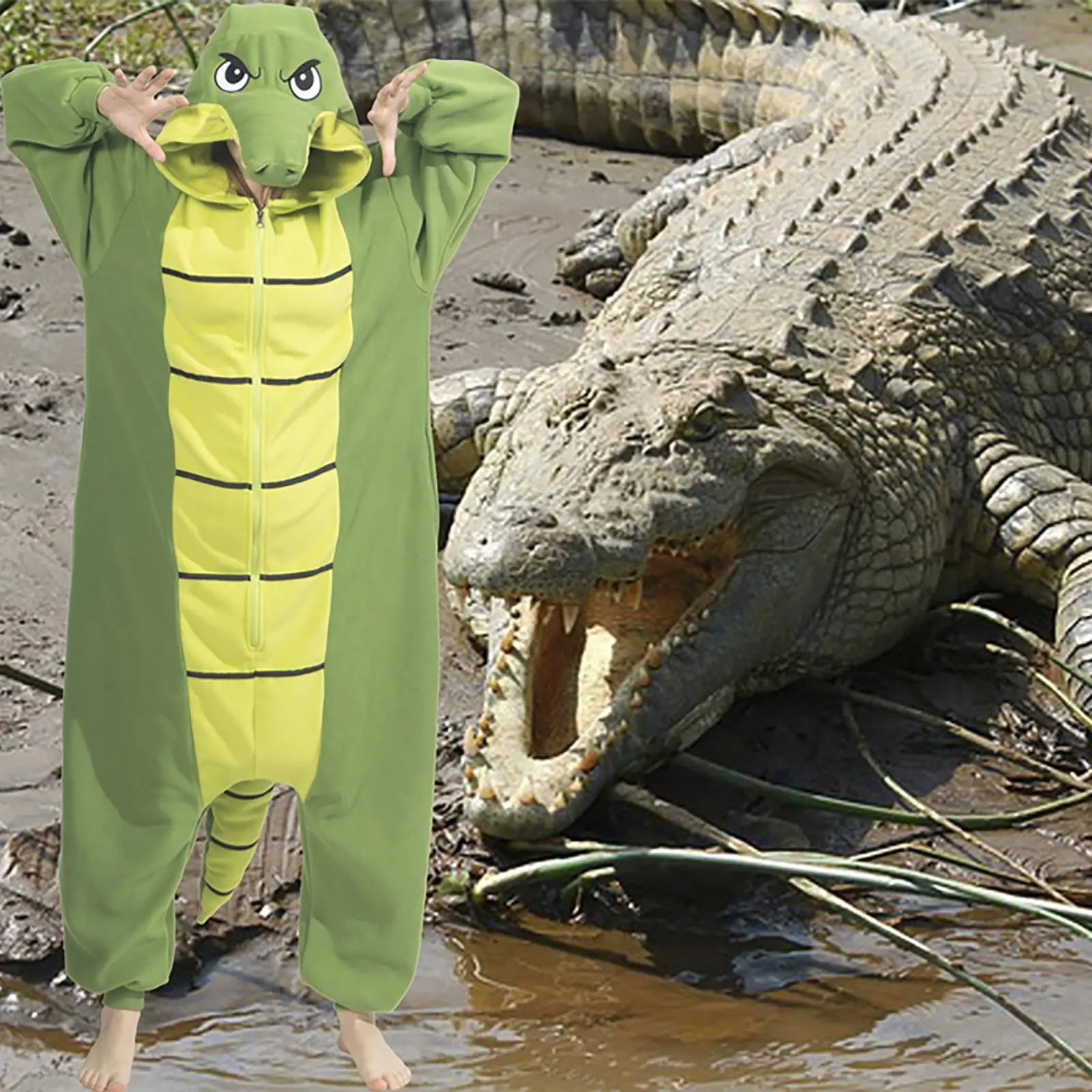 Women's Illusion Crocodile Costume Bodysuit Dress - Halloween Party Cosplay Outfit, Polyester Fleece Knit Cold-Wash Special Clothing