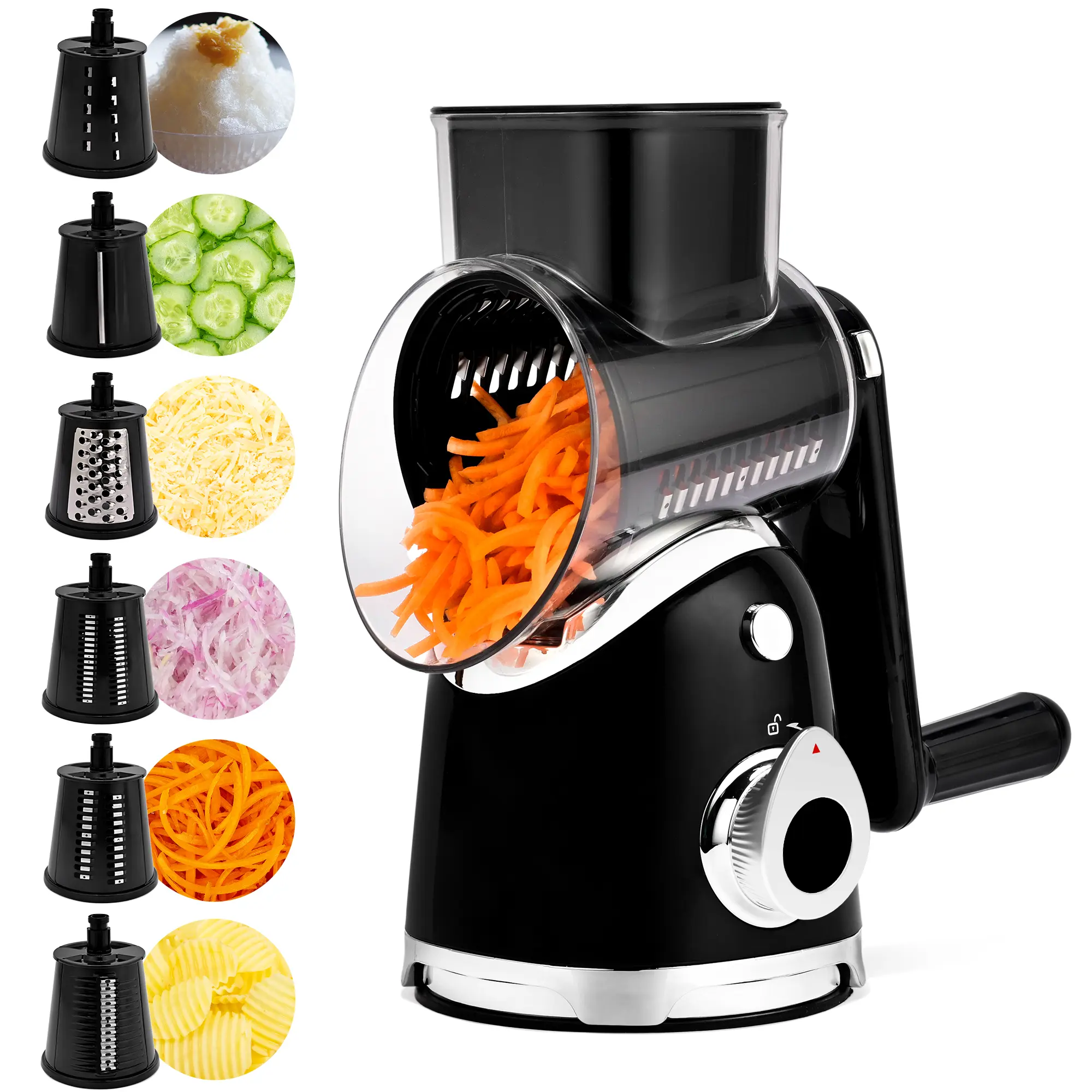 SUSTEAS Rotary Food Shredder Tool - 6 Replaceable 18/10 Stainless Steel Blades for Wavy Cuts, Compact Kitchen Gadget with Strong Suction Base, Kitchen Utensil for Vegetables, Potatoes (New Black), Rotary Cheese Shredder, Kitchen Gadgets