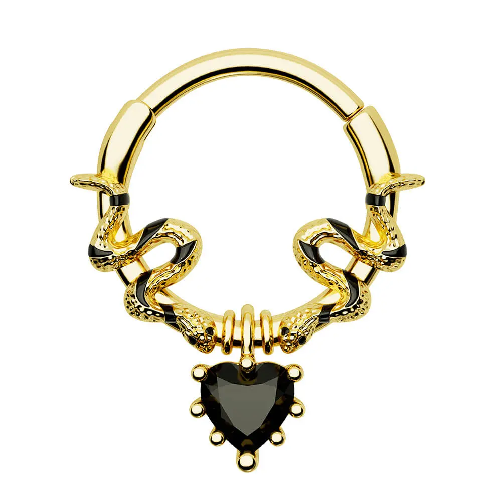 Oufer 16G 10mm Gorgeous Royal Snake Black Heart Gem Dangle Hinged Segment Septum Ring, Animal-Themed Rebirth & Transformation Jewelry for Body Piercings