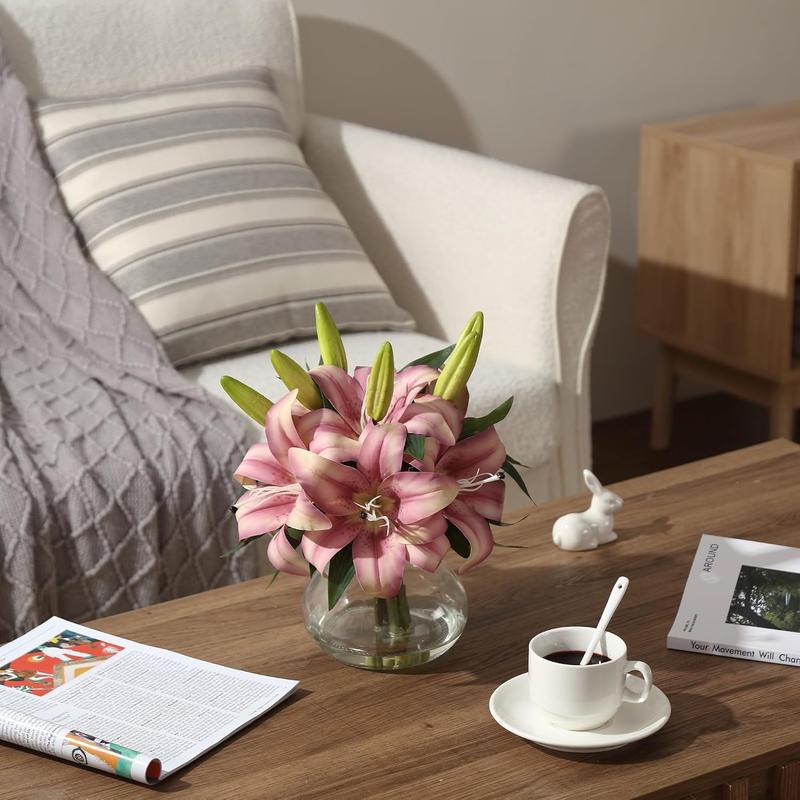 6-Pack Realistic Silk Lilies Artificial Flowers with Glass Vase – Lifelike Faux Lily Bouquet for Home Wedding Office Decor,No Maintenance,Bendable Stems,Ready to Display