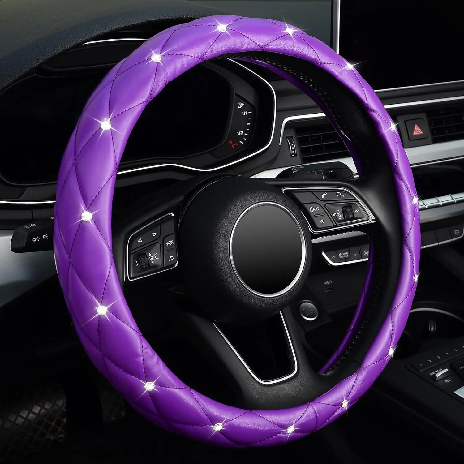 15-in Universal Fit Diamond-Striped Black Soft Leather Steering Wheel Cover, Bedazzled Car Interior Decor with Bling Crystal Rhinestones, Diamond Accents, Dark Pink, Cream White, Interior Car, Car Accessory