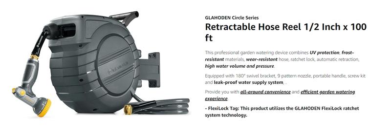 GLAHODEN Retractable Hose Reel, Max 130 FT / 115 FT / 100FT / 65FT Garden Water Hose Reel with 9-Pattern Nozzle, 180° Swivel Bracket Wall-Mounted, Automatic Rewind, Lock at Any Length, with Slow Return System，Optional Metal Bracket