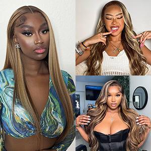 30 Inch Highlight Ombre 360 Deep Wave Lace Front Wigs Human Hair Pre Plucked with Drawstring 4/27 Honey Blonde Wig Human Hair 180 Density Curly Full Lace Frontal Wigs 360 Glueless Wig