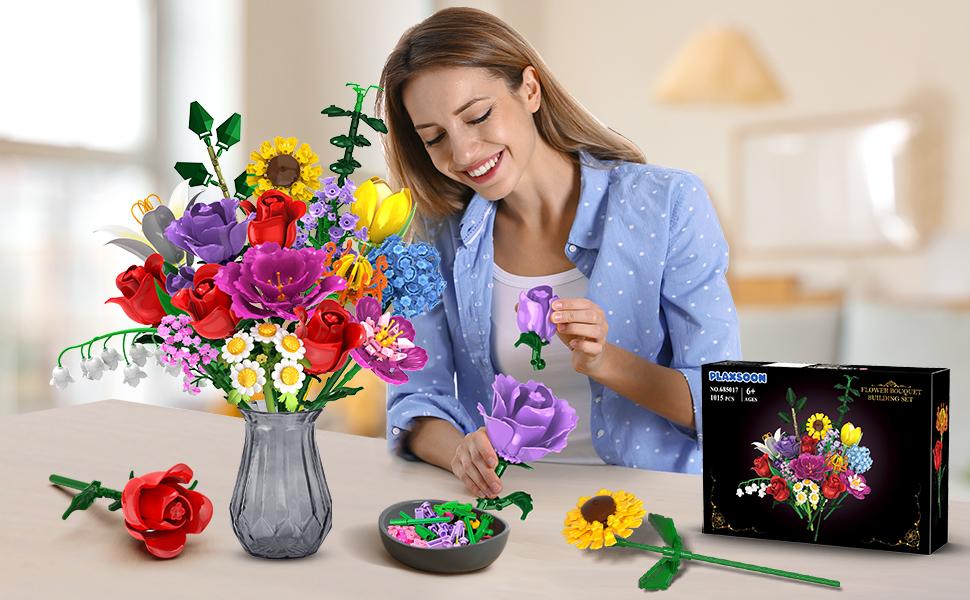 Flower Bouquet Building Set, 18 Roses & Botanical Collection, 1015 PCS Building Blocks, Home Decor Gift for Her, Adults, Women, Kids 6-12+