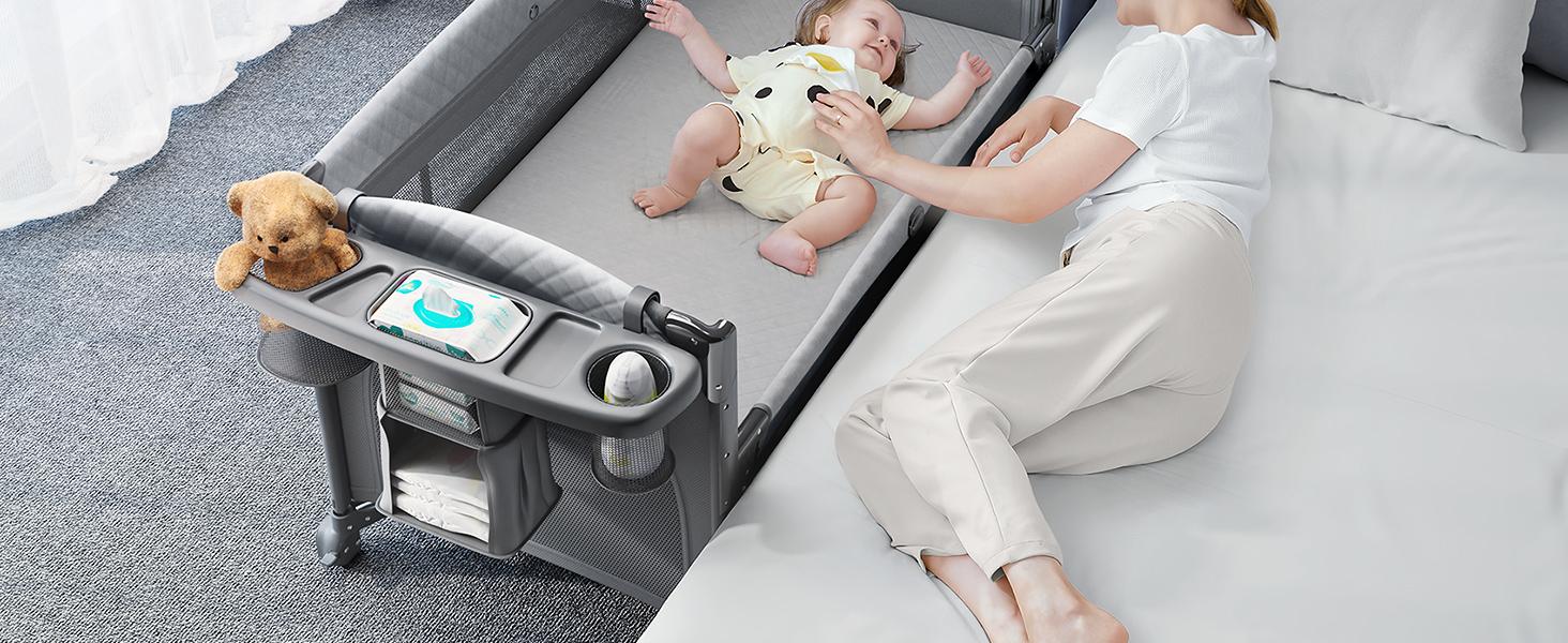BabyBond 5 in 1 Foldable Baby Bassinets Bedside Sleeper for Newborn Infant, Large Playard Pack with Mattress,Storage Basket and Mosquito Net, Height Adjustable Baby Crib for Nursery, Ideal Christmas Gift for Toddler
