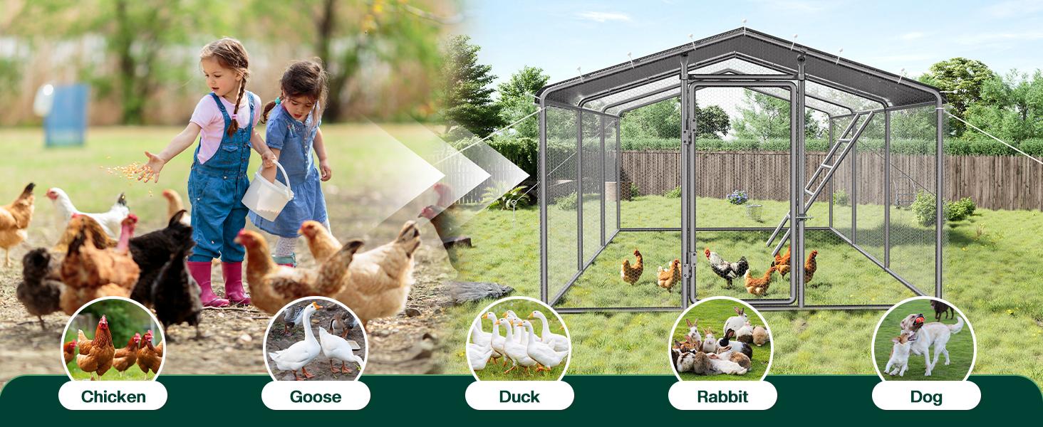 VanAcc Large Chicken Coop with Perch and Hinged Door, Spire Roof Walk-in Chicken Run with Metal Frame and PE Cover for Backyard Poultry, Ducks, Rabbits