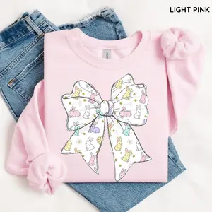 Gildan Cute Easter Bunny Bow Sweatshirt, Pastel Spring Rabbit Crewneck, Girly Easter Graphic Sweater, Cozy Holiday Outfit, Easter Gift for Women