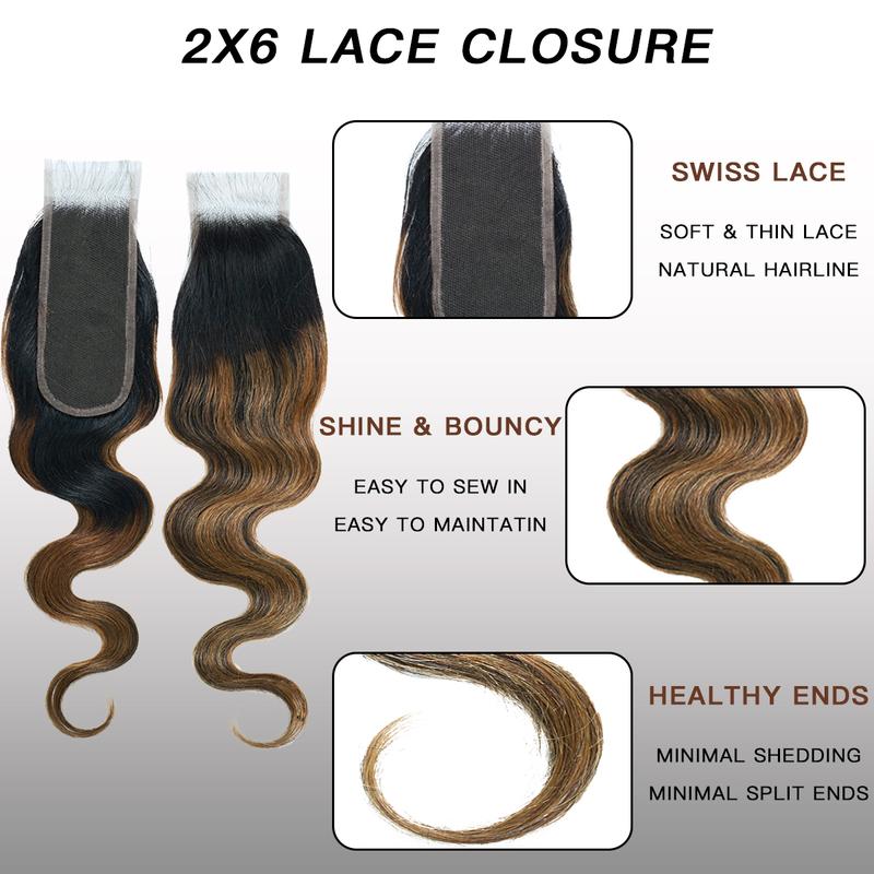 [Wequeen] Upgrade 2x6 Pre-colored Brown Highlight Body Wave Transparent Lace Closure Human Hair