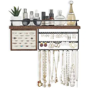 Hanging Jewelry Organizer Wall Mounted Jewelry Organizer Necklace Holder with Rustic Wood Shelf, Ring Display Box, Ear Studs Earring Holder Bracelet Organizer Gift Cotton