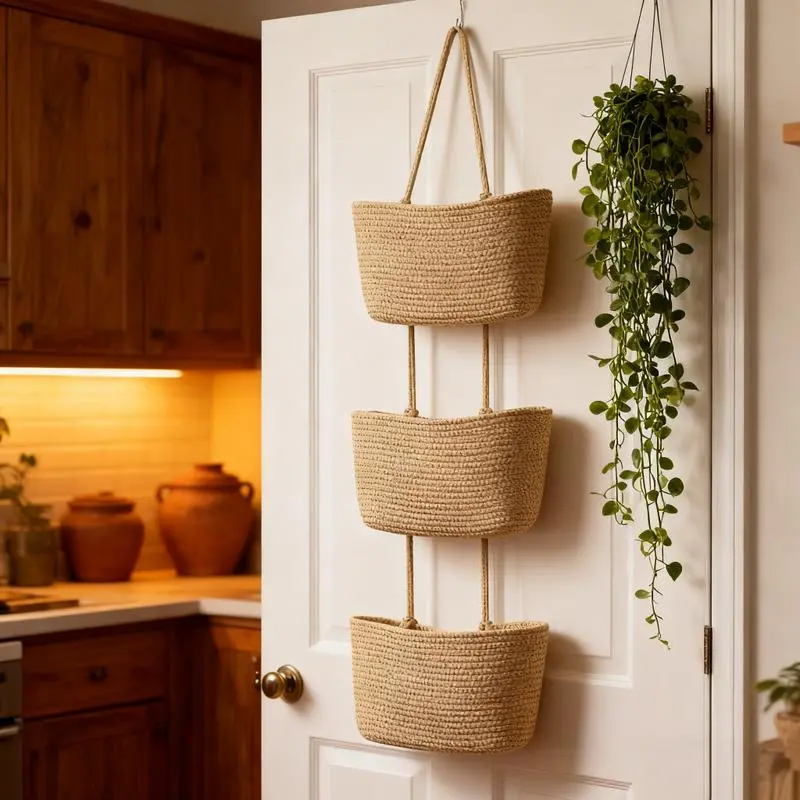Hanging Over the Door Organizer, 3-Tier Woven Cotton Basket, Wall-Mounted Storage Bag, Decorative Nursery Baskets target baskets black box covered wax room burr baskets shelf storage basket small woven basket small storage basket Flower Mother's Day gift