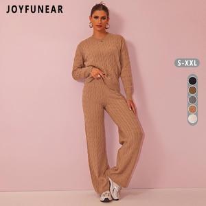 Joyfunear Women's Cable-Knit Loungewear Set - Crew Neck Sweater & Wide-Leg Pants for Everyday Comfort and Style Pajama Nightwear