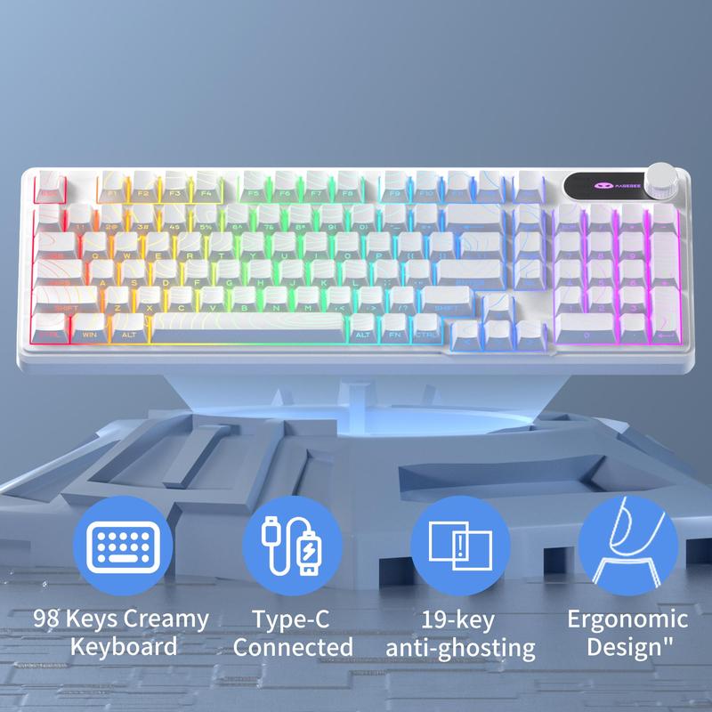 MageGee GK960 Wireless Gaming Keyboard RGB Tri-Mode Wired BT 2.4G Creamy with Number Pad 4000mAh Battery Knob Control Side Printed Keycaps 19-Key Anti-Ghosting for Win Mac White Pink White