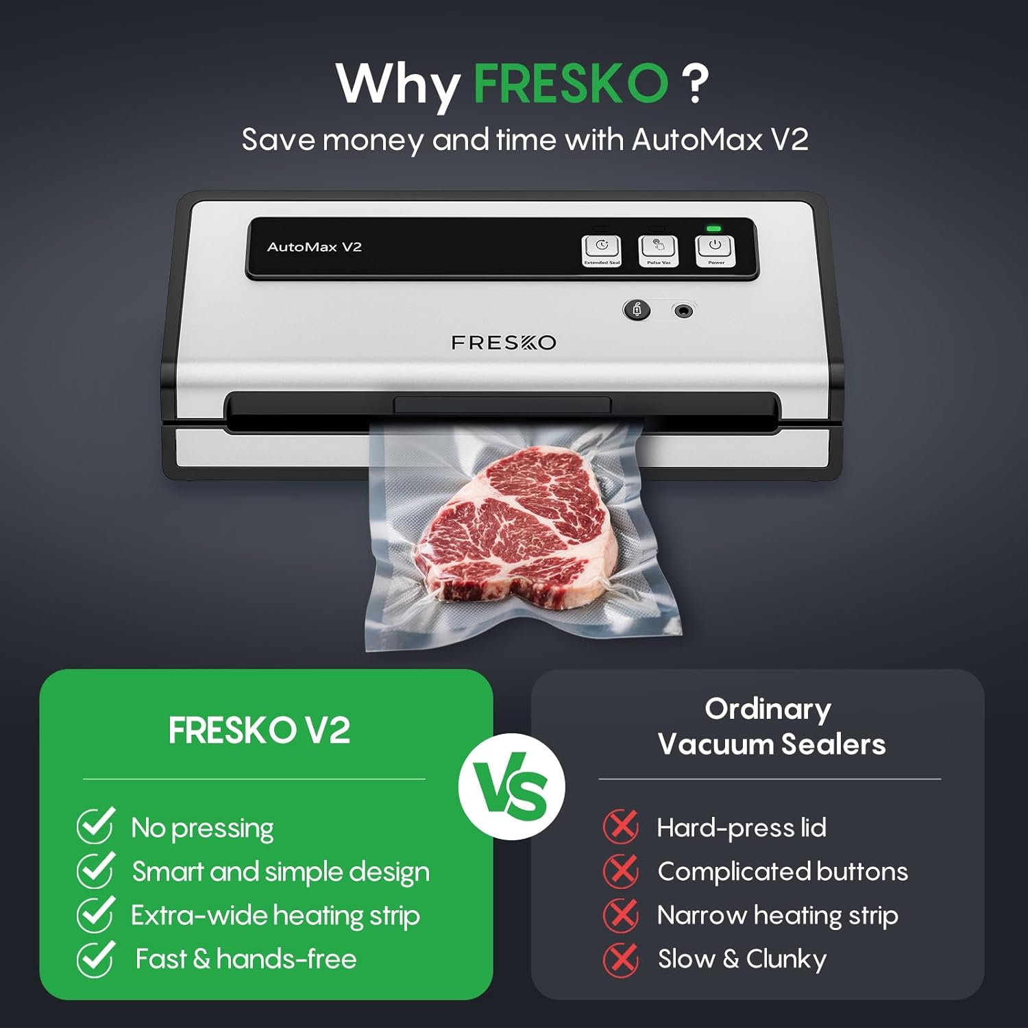 FRESKO Vacuum Sealer Machine with Automatic Bag Detection, Double Heat Seal, Compact Food Sealer, Easy to Use, Starter Kit