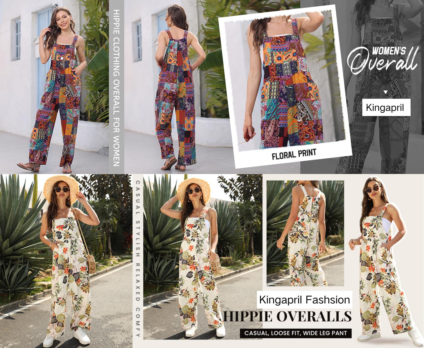 Kingapril Women's Patchwork Dual Pocket Jumpsuit Loose Floral Print Bohemian Wide Leg Bib Overalls Casual Women's Printed Clothing