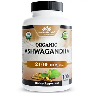 Organic Ashwagandha 2,100 mg per serving Organic Ashwagandha Powder and Root Extract - 100 Vegan Capsules