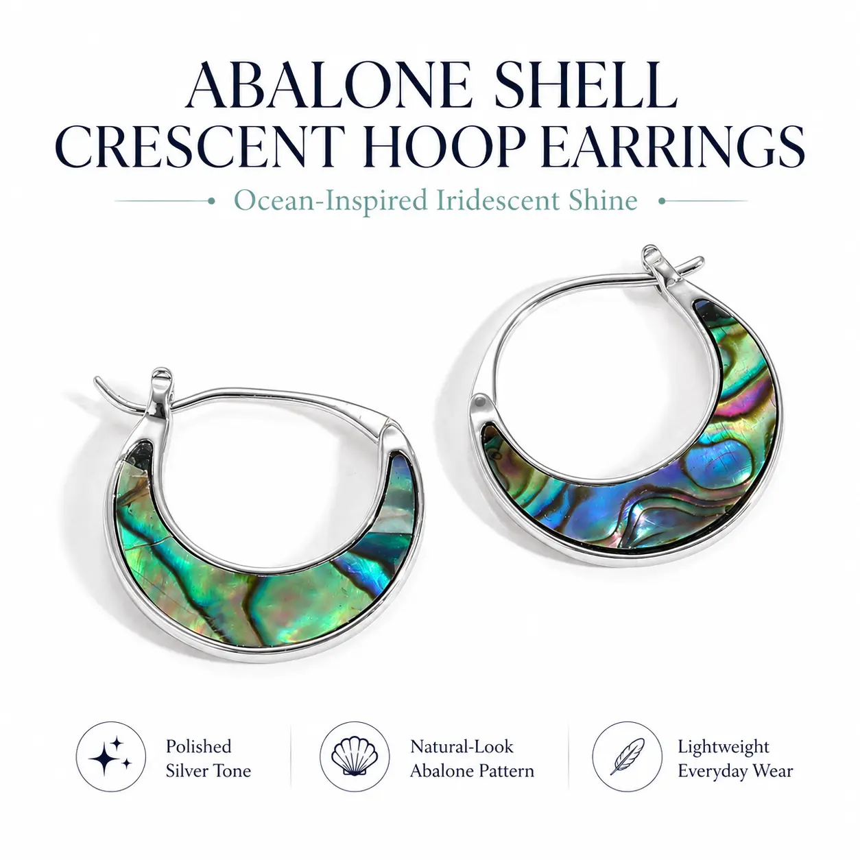 Natural Abalone Shell Inlay Small Silver Huggie Hoop Earrings, Iridescent Rainbow Seashell Mini C Shape Click Hoop Ear Jewelry, Lightweight Daily Minimalist Earrings for Women Girls