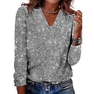 Elegant V-Neck Long Sleeve T-Shirt for Women, 100% Polyester Knit Fabric, Solid Color with Sequin Detail, Skinny Fit, Regular Length - All Seasons
