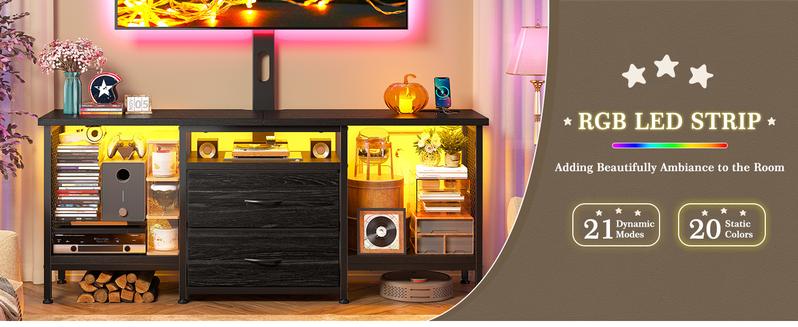 RaybeeFurniture TV Stand with Mount and Power Outlet and LED for 32-65 Inch TVs, Swivel and Adjustable TV Stand for Bedroom with 2 Fabric Drawers, Modern Entertainment Center