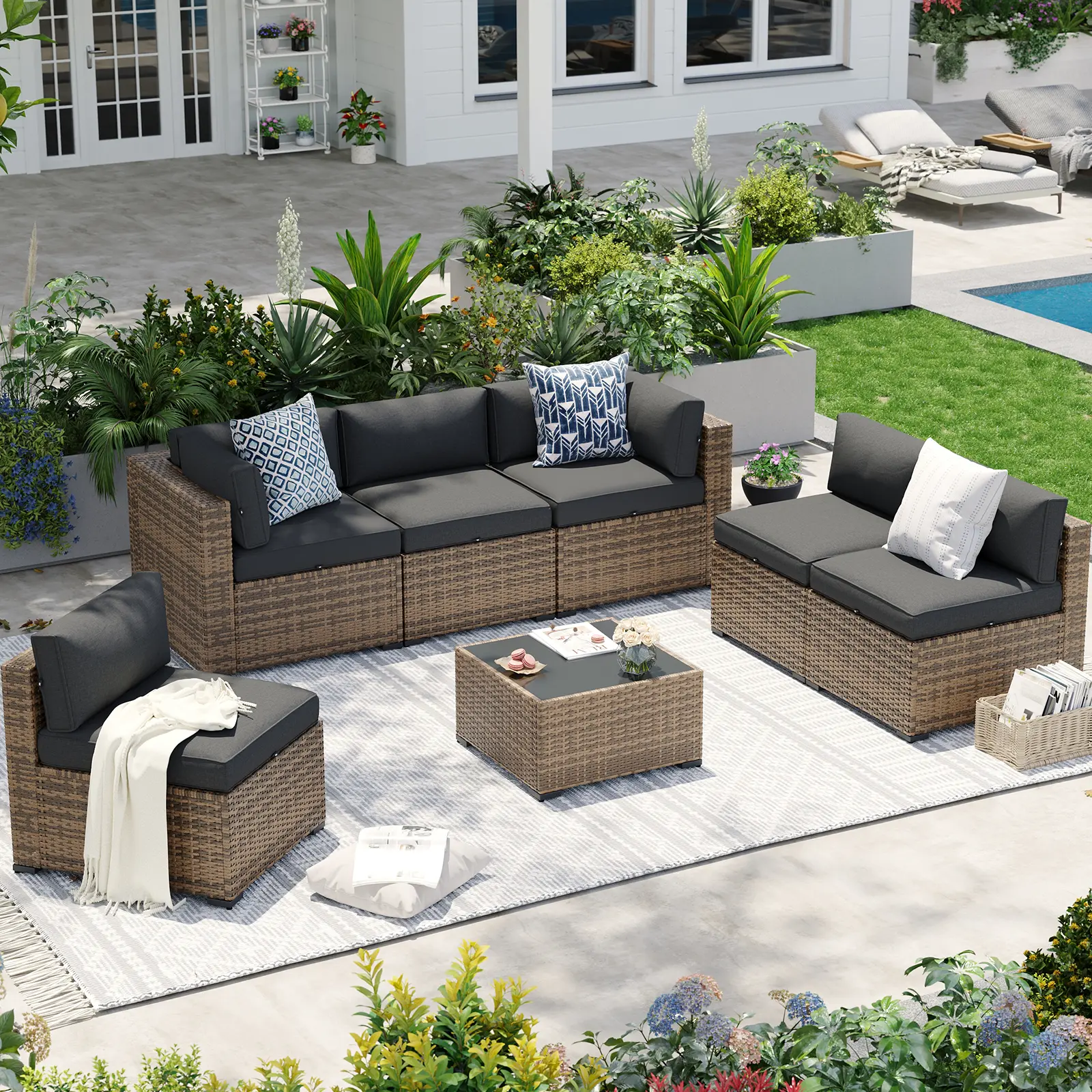 Aoxun 7PCS Modular Wicker Patio Furniture Set, Outdoor Sectional Sofa with 4" Thick Waterproof Cushions, Light Gray & Navy Blue, Glass Coffee Table, All Weather Rattan Couch + Free 600D Oxford Cover for Backyard Pool Garden, Patio Furniture Sets, Coastal,